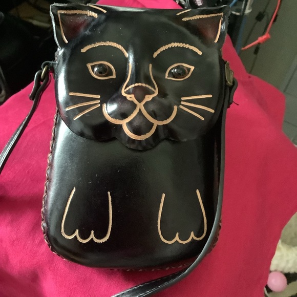 Black Cat Leather Crossbody Bag - Picture 2 of 15